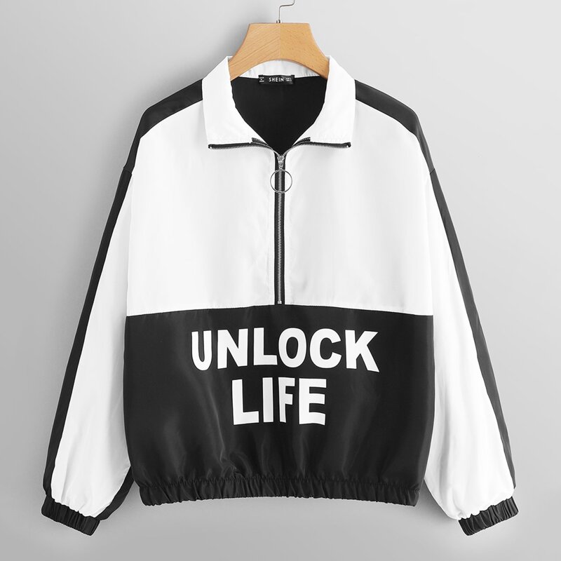 

Two Tone Letter Print Zip Half Placket Jacket, Black and white