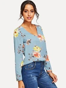 SHEIN V Neck Floral Print Top - Baby Blue - View 2