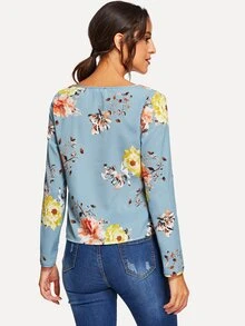 SHEIN V Neck Floral Print Top - Baby Blue - View 3