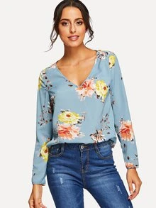SHEIN V Neck Floral Print Top - Baby Blue - View 1