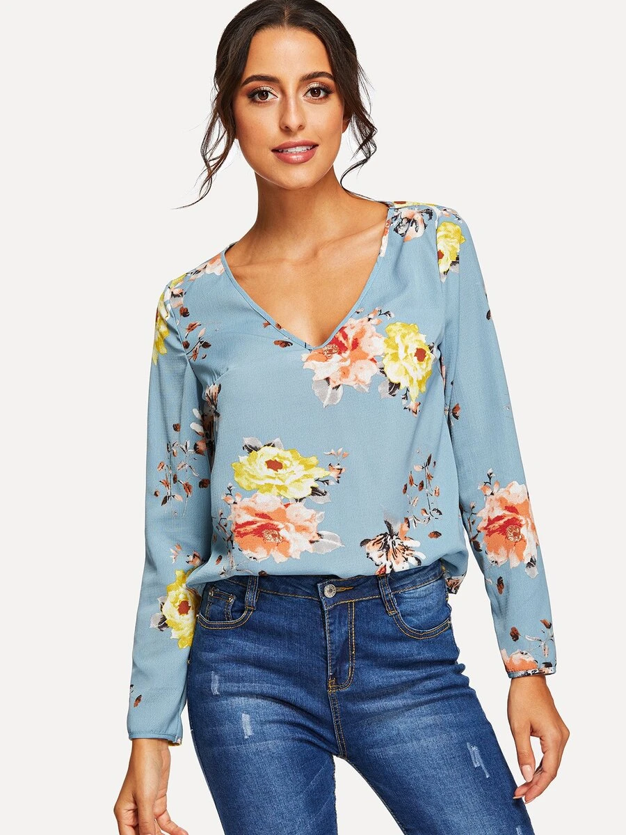 SHEIN V Neck Floral Print Top - Baby Blue - View 1