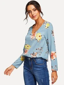 SHEIN V Neck Floral Print Top - Baby Blue - View 4