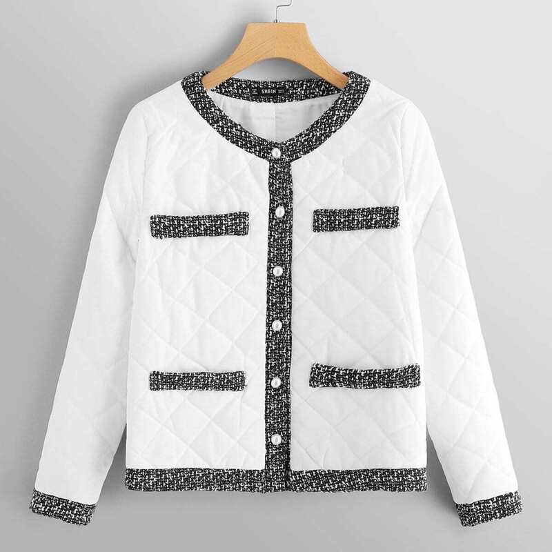 

Button Up Pocket Front Textured Jacket, Black and white