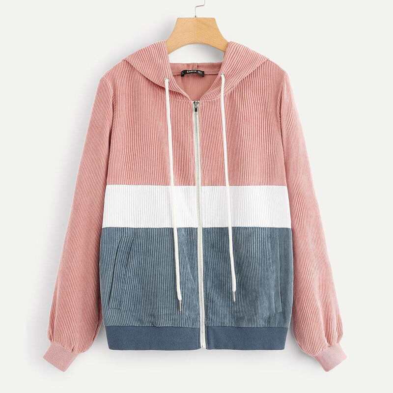 

Colorblock Zip Front Drawstring Hooded Corduroy Jacket, Multicolor