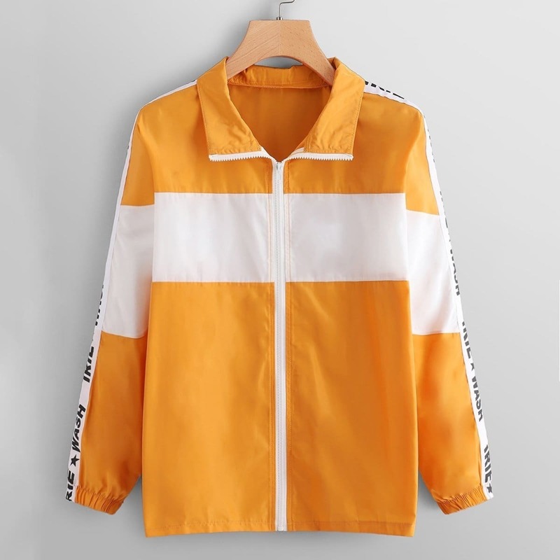 

Colorblock Letter Print Zip Up Jacket, Multicolor