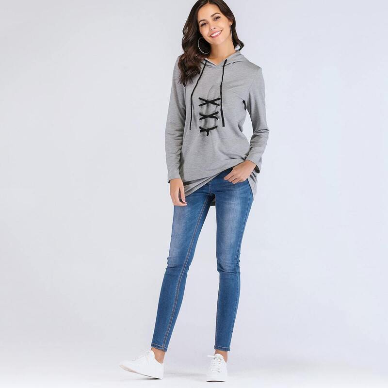 

Lace Up Drawstring Hoodie, Grey