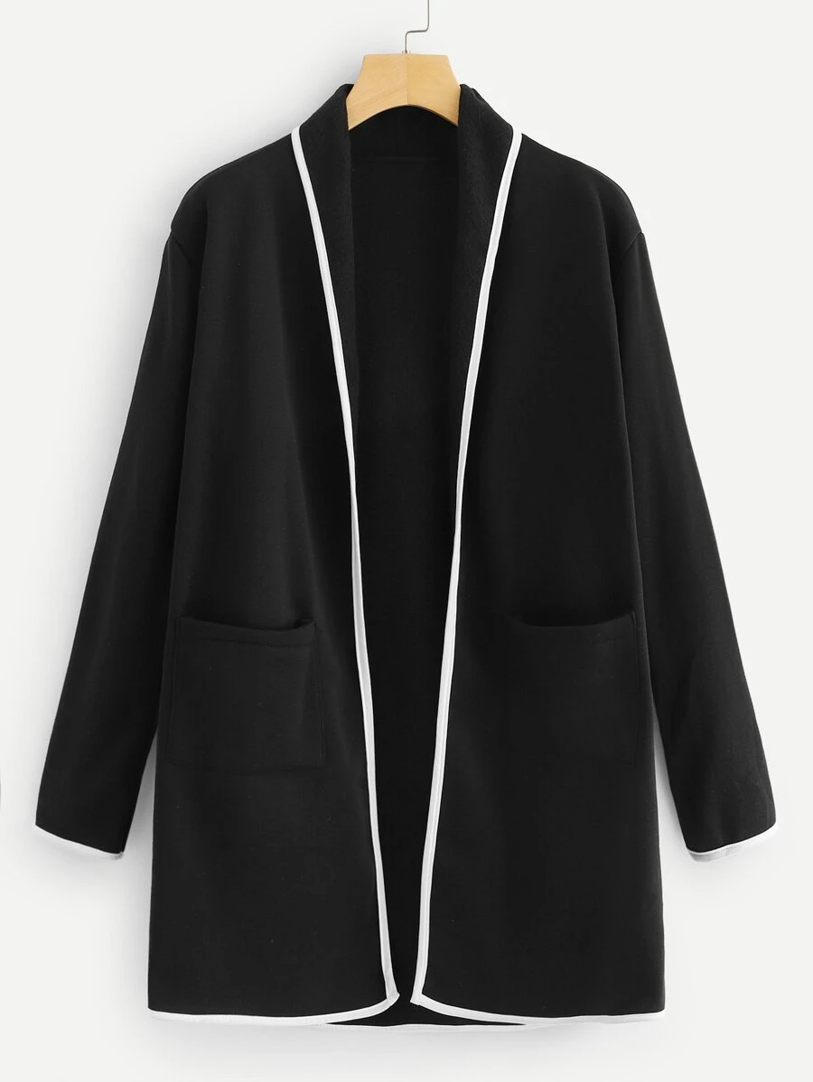 Abrigo tweed con bolsillos unida en contraste - Negro - Ver 1