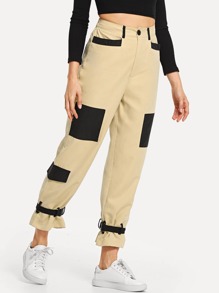 Colorblock Strap Detail Hem Pants