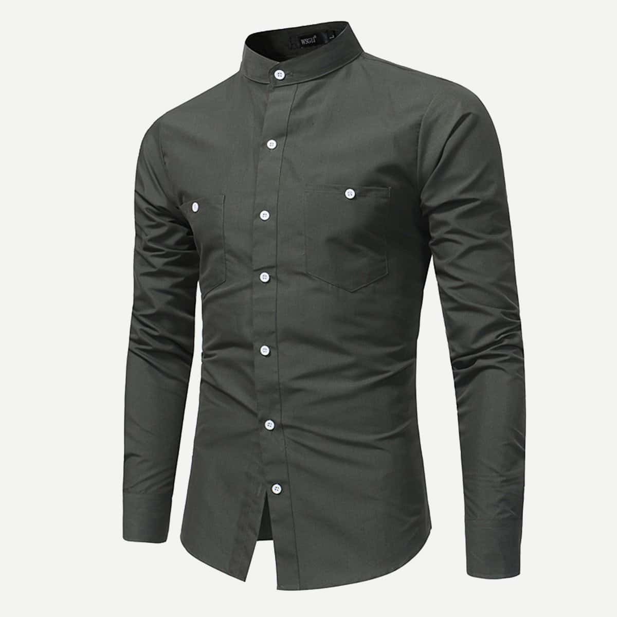 

Guys Stand Collar Solid Shirt, Army green