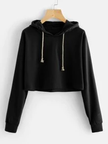Drawstring Crop Hoodie - Black - View 1