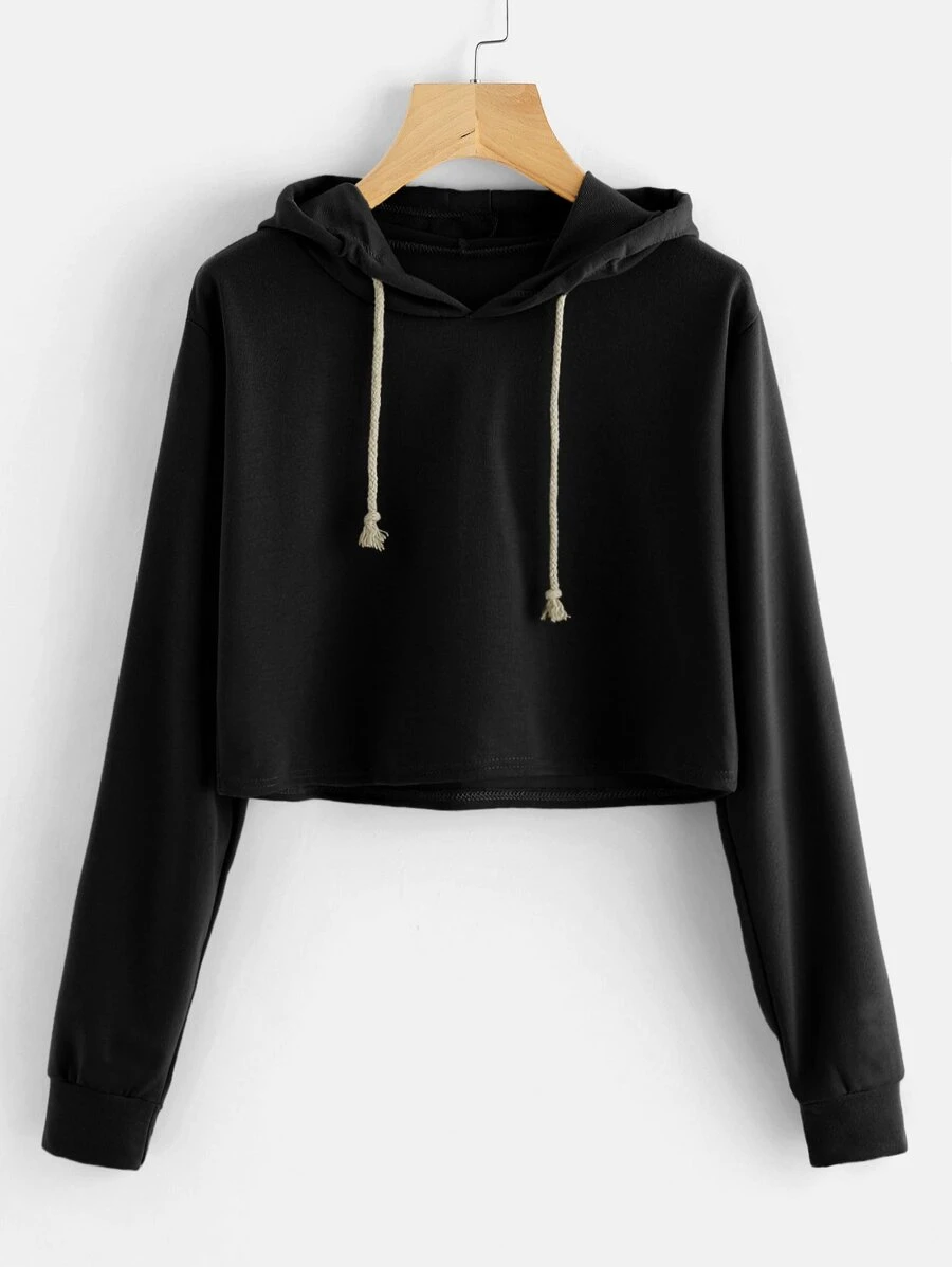 Drawstring Crop Hoodie - Black - View 1