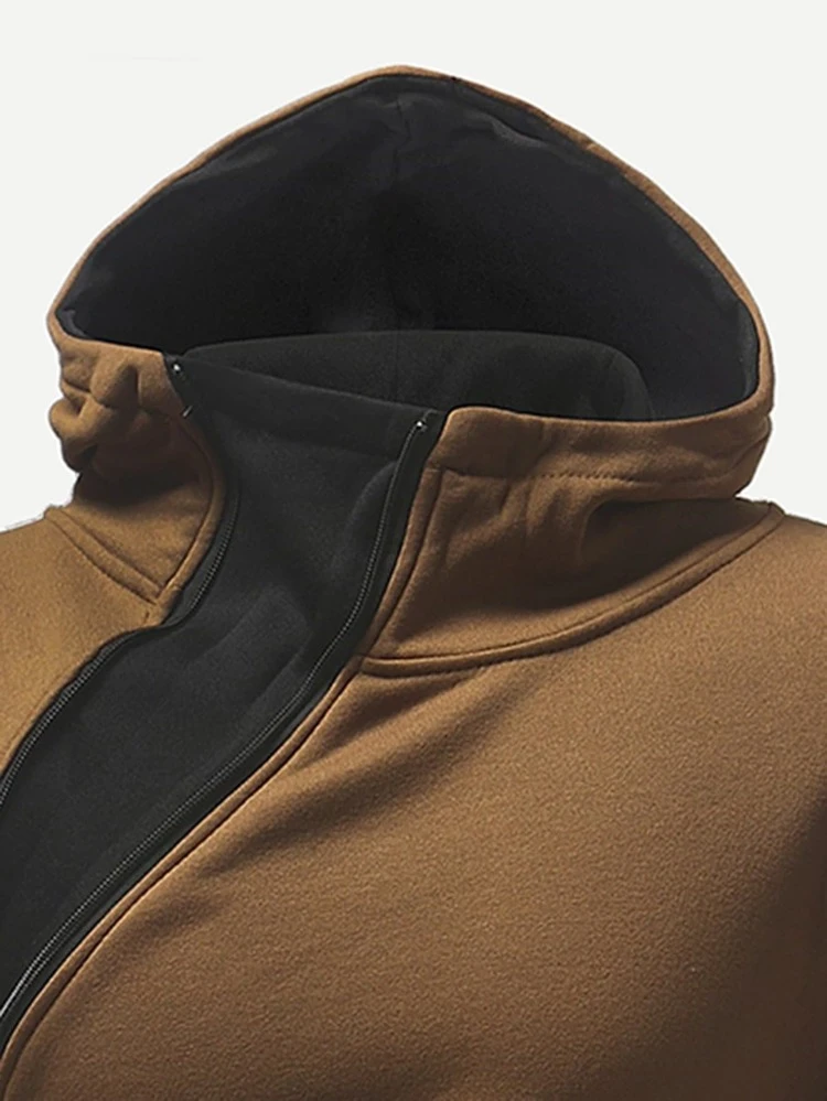 men oblique zipper hooded sweatshirt