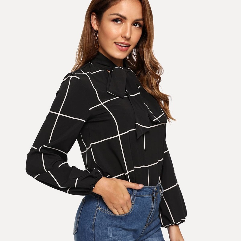 

Tie Neck Grid Print Top, Black and white