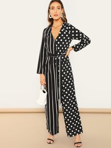 Mixed Print Belted Wrap Palazzo Jumpsuit