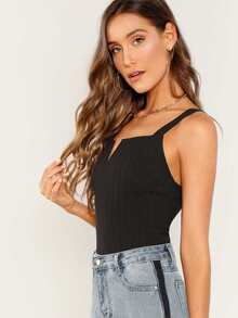 SHEIN V-Notch Thick Strap Ribbed Top - Black - View 3