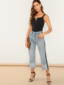 SHEIN V-Notch Thick Strap Ribbed Top - Black - View 5
