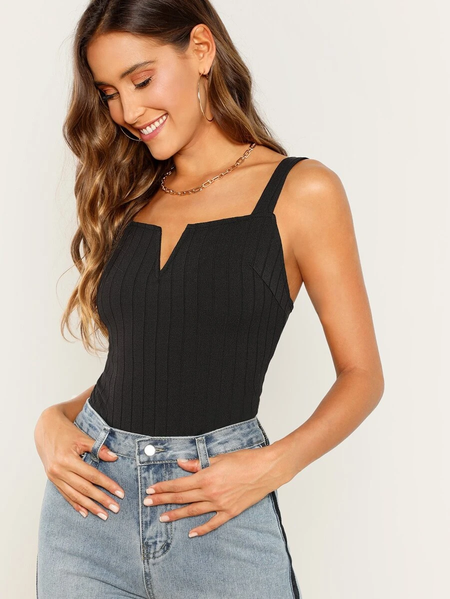 SHEIN V-Notch Thick Strap Ribbed Top - Black - View 1