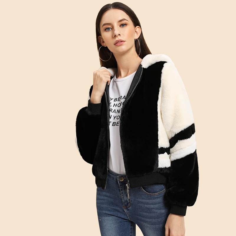 

Color-Block Faux Fur Hoodie Jacket, Black and white