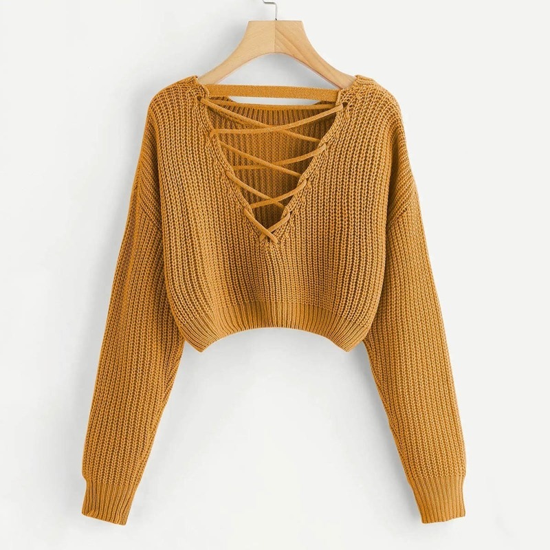 

Lace-Up V Back Crop Sweater, Yellow
