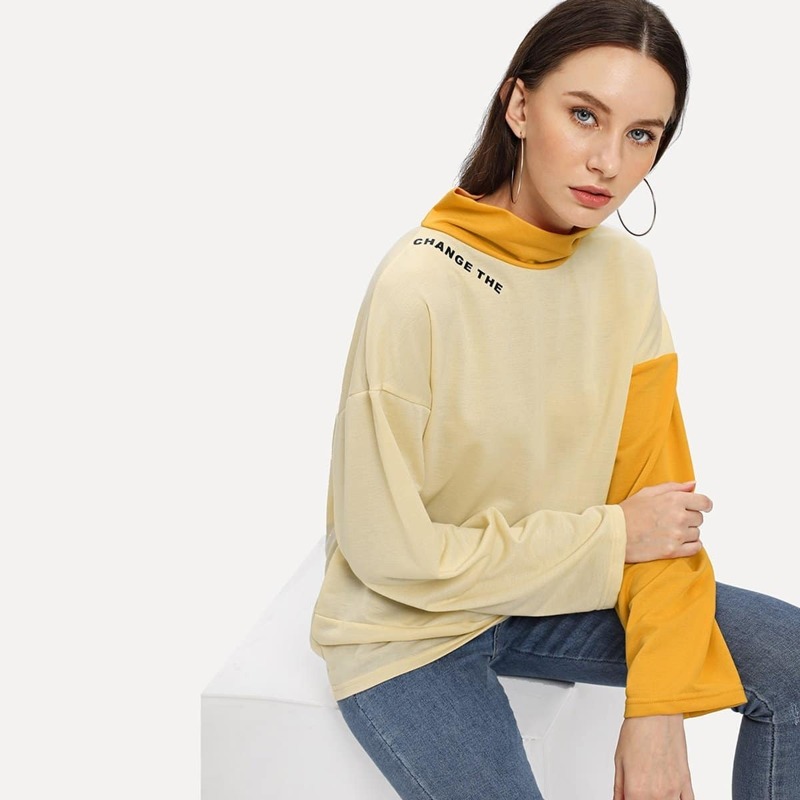 

High Neck Color Block Sweatshirt, Yellow