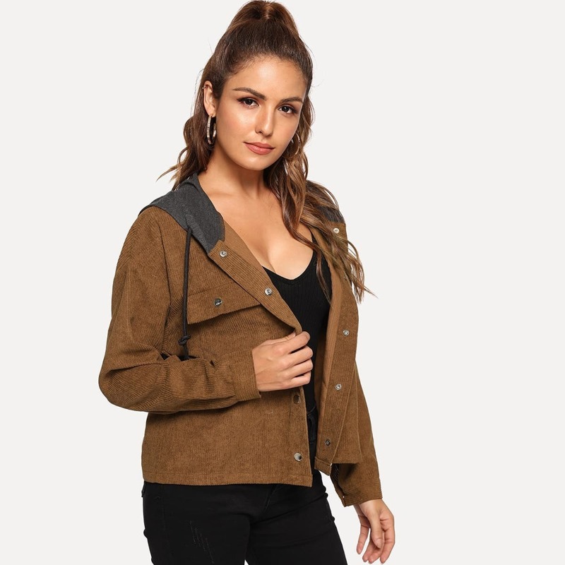 

Button Front Pocket Hoodie Utility Jacket, Brown