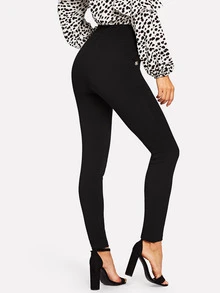 SHEIN Button Detail High Waist Trousers - Black - View 2