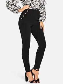 SHEIN Button Detail High Waist Trousers - Black - View 3