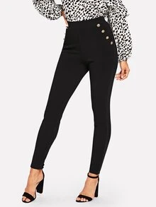 SHEIN Button Detail High Waist Trousers - Black - View 1