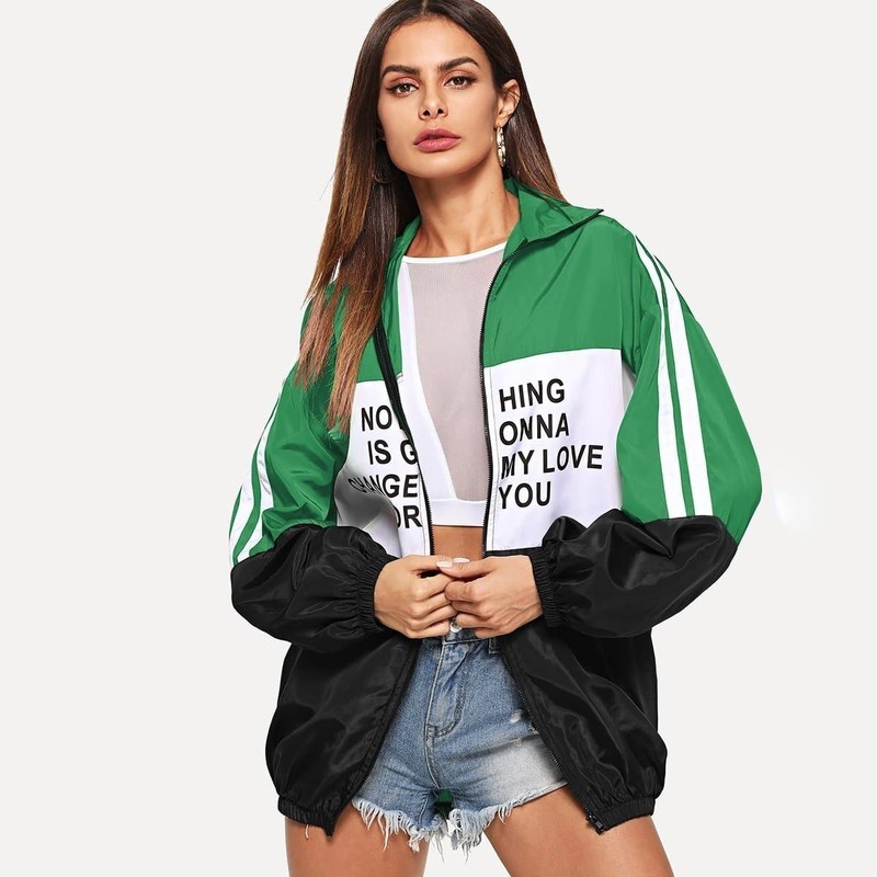 

Zip Up Color Block Letter Print Jacket, Multicolor