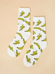 1pair Women's Cute & Fun Banana Cartoon Pattern Comfortable Mid-Calf Socks For Spring And Autumn - Multicolor - View 1