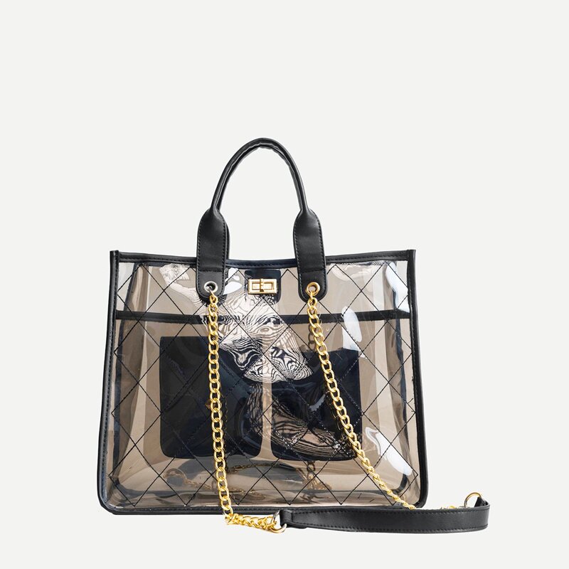 

Random Twist Lock PVC Chain Bag With Inner Pocket, Black