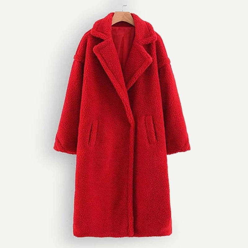 

Pocket Front Solid Teddy Coat, Red