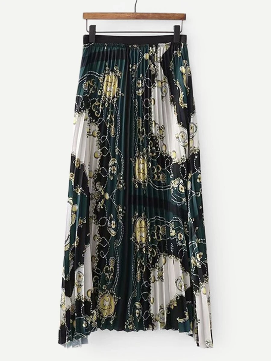 Scarf Print Pleated Skirt - Multicolor - View 1