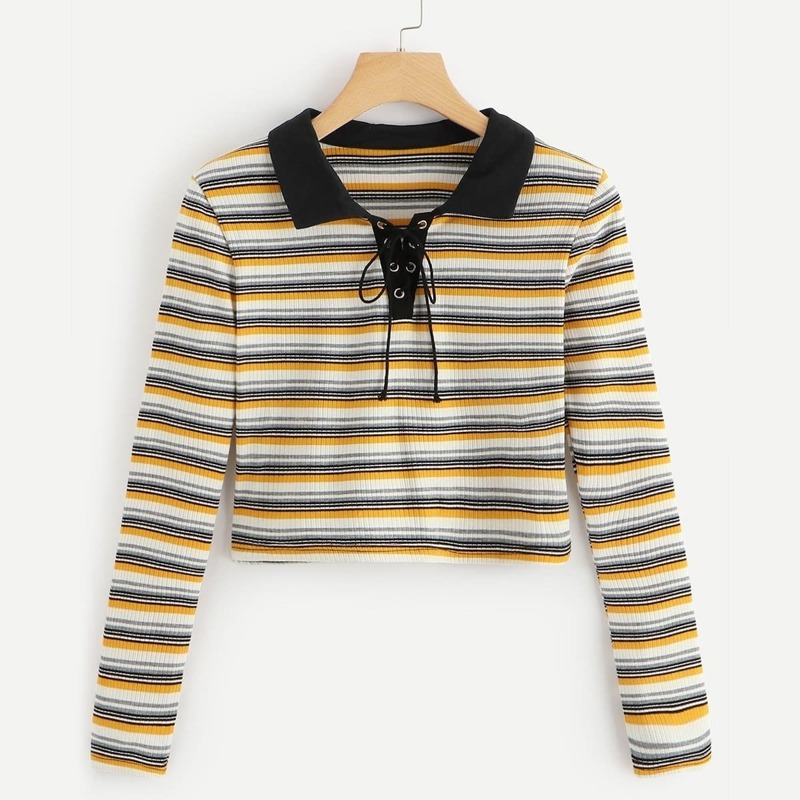

Striped Lace-Up Neck Tee, Multicolor