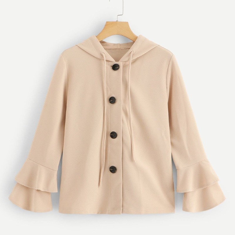 

Button Front Drawstring Bell Sleeve Hoodie Coat, Beige