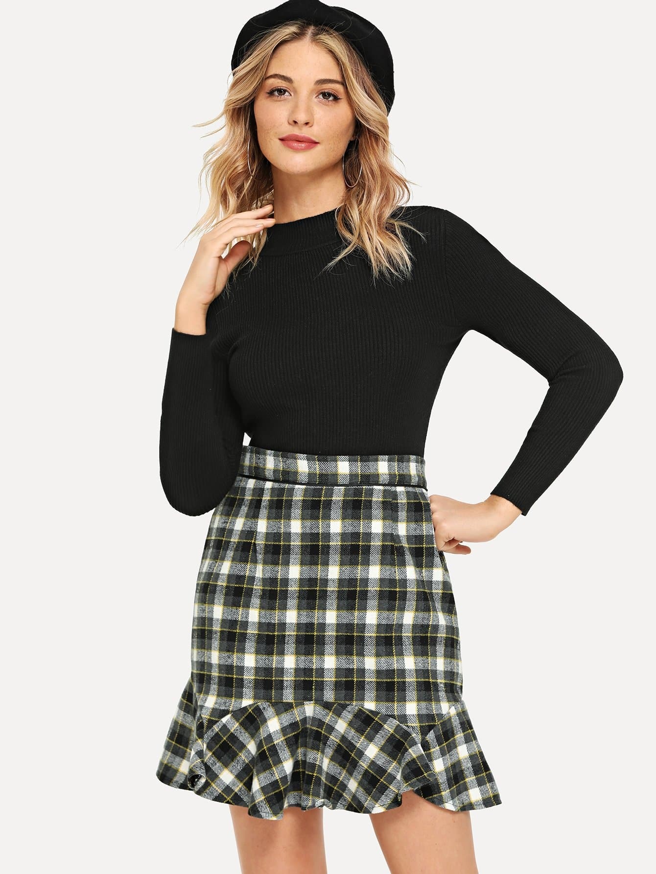 shein ruffle hem plaid skirt
