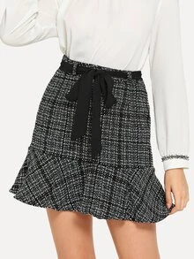 SHEIN Flounce Hem Tweed Skirt - Multicolor - View 1