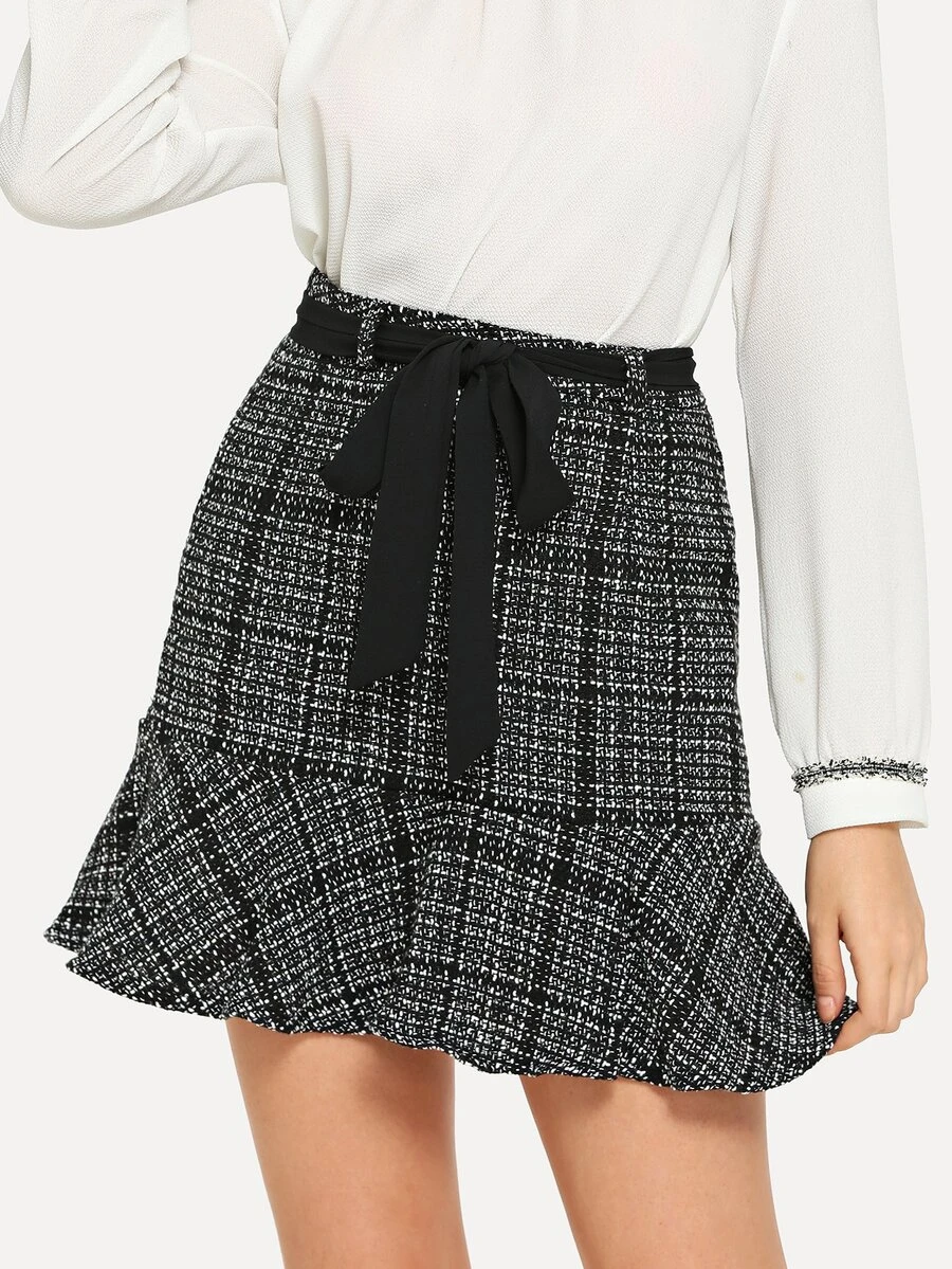 SHEIN Flounce Hem Tweed Skirt - Multicolor - View 1