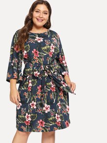 Plus Tropical Print Knot Front Dress