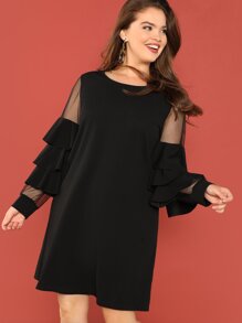 Plus Sheer Mesh Insert Ruffle Trim Dress