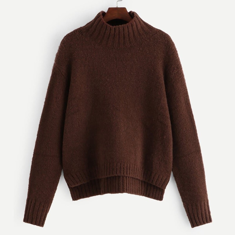 

Solid Stepped Hem Jumper, Brown