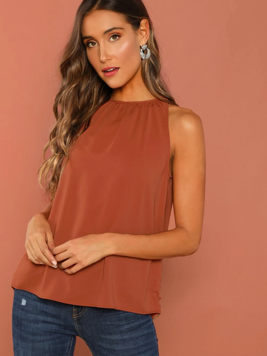 SHEIN Gathered Halter Neck Top - Burnt Orange - View 1