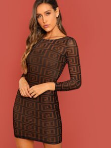Greek Key Print Sheer Bodycon Dress