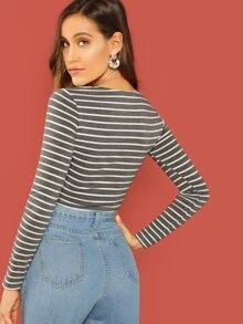 SHEIN Square Neck Striped Crop Tee - Grey - View 2