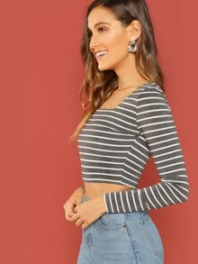 SHEIN Square Neck Striped Crop Tee - Grey - View 3