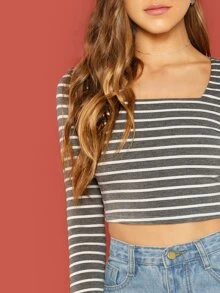 SHEIN Square Neck Striped Crop Tee - Grey - View 4