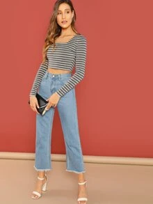 SHEIN Square Neck Striped Crop Tee - Grey - View 5
