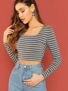 SHEIN Square Neck Striped Crop Tee - Grey - View 1