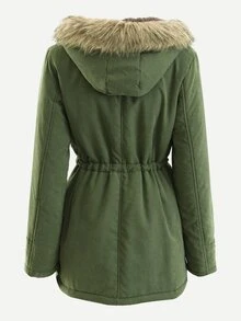 Patched Fuzzy Collar Hooded Parkas Coat - Army Green - View 2