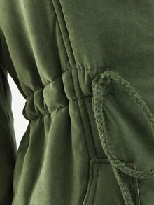 Patched Fuzzy Collar Hooded Parkas Coat - Army Green - View 4